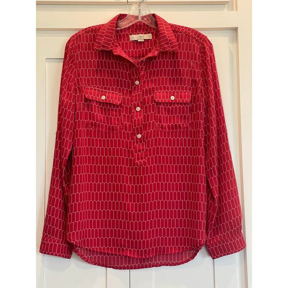Ann Taylor LOFT Red geo print henley top blouse S - Picture 1 of 7